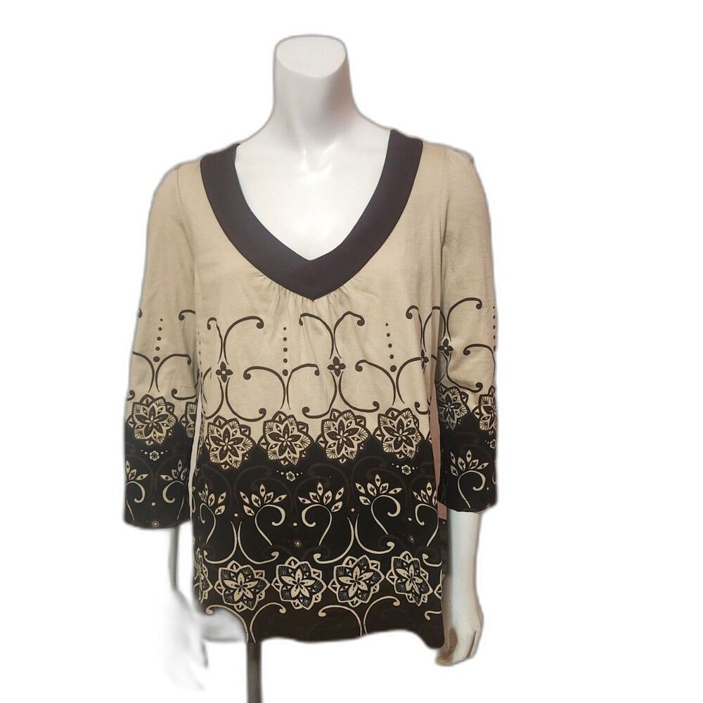 Sonoma V Neck Cotton Blouse Cream and Brown Womens Size Medium NEW